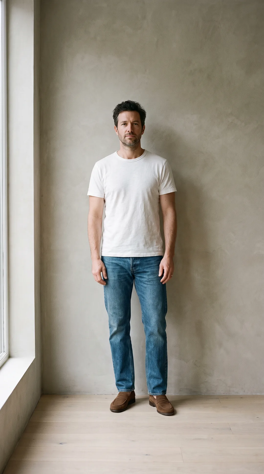 A man standing against a plaster wall in a white t-shirt and jeans