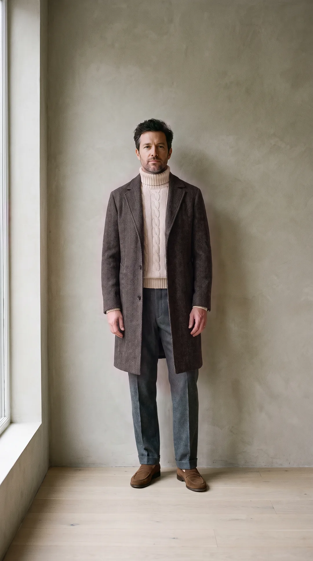 The same man in charcoal flannel trousers, an ecru roll-neck and the herringbone overcoat