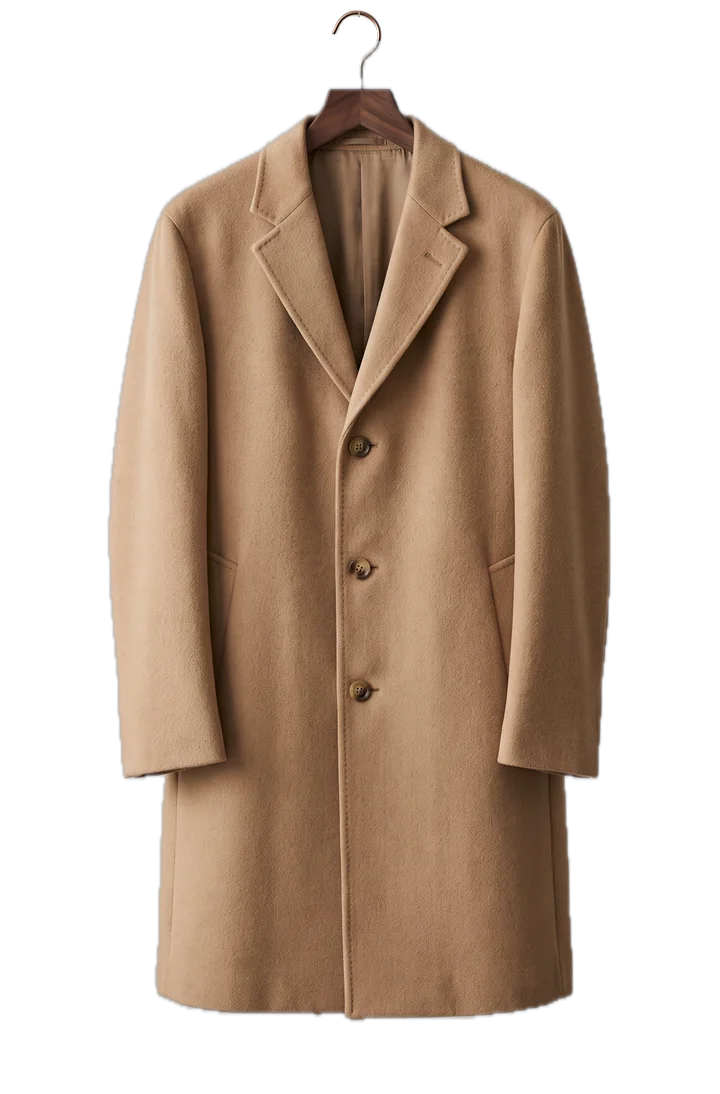 A camel double-faced wool overcoat, on a walnut hanger