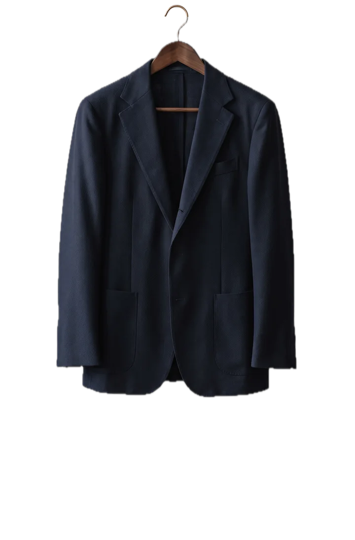 A navy unstructured wool blazer, on a walnut hanger