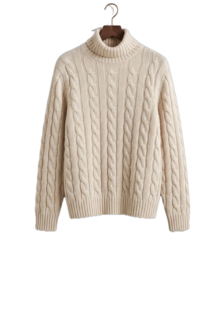 An ecru cable-knit roll-neck jumper, on a walnut hanger