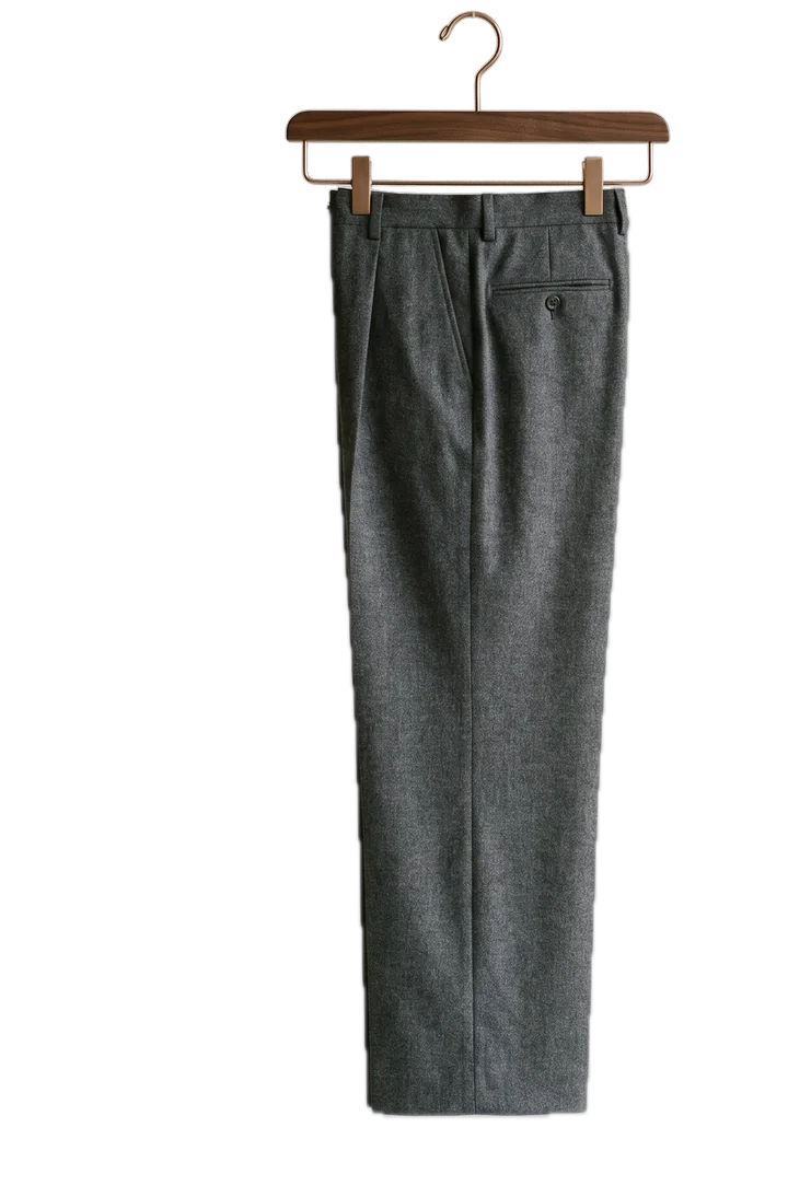 Charcoal wool flannel trousers on a walnut clip hanger