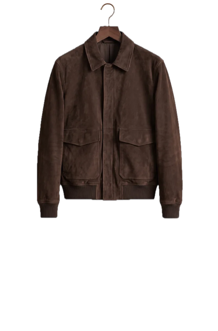 A chocolate brown suede blouson jacket, on a walnut hanger