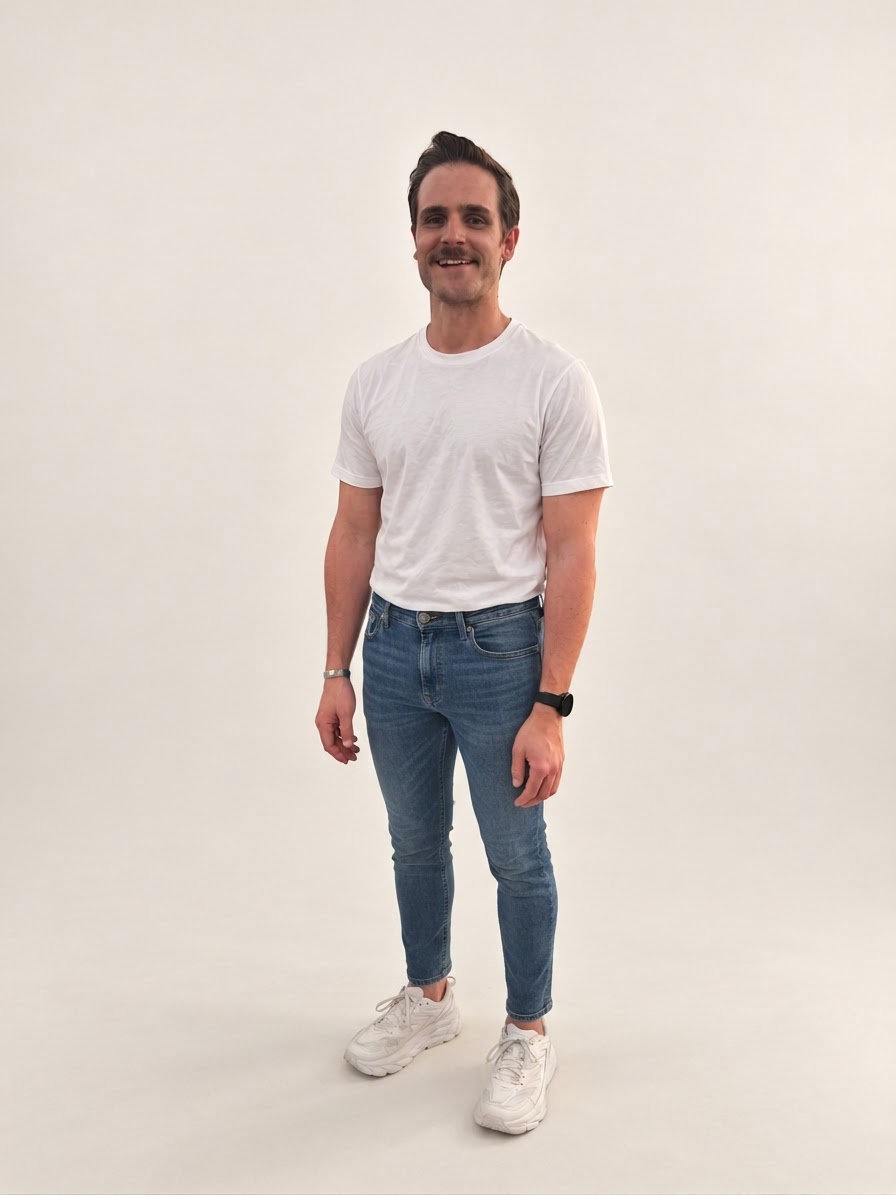 Slim ankle cut with chunky sneakers: the shoes look huge, the leg looks like a stick. (AI-generated)