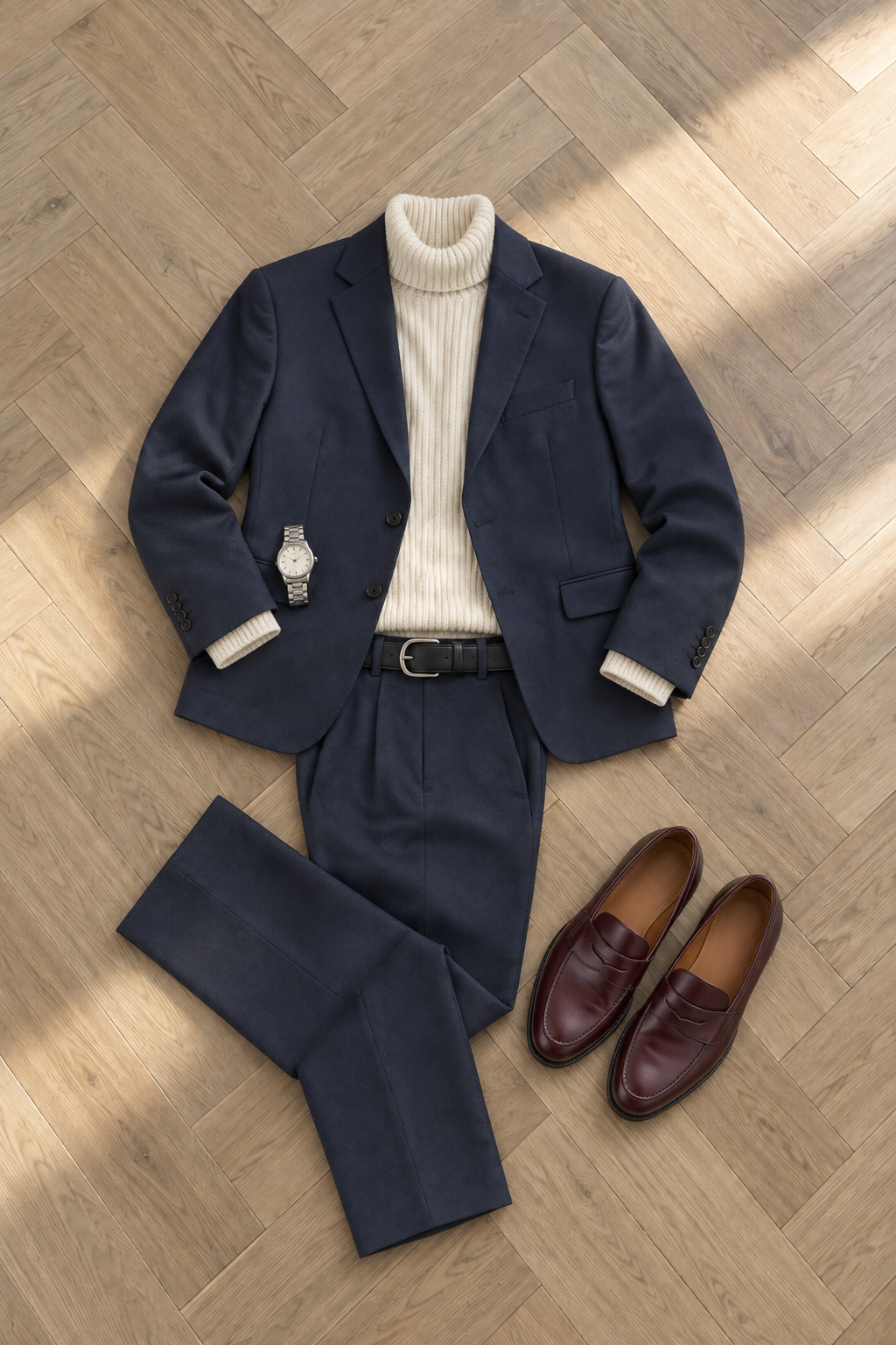 Marineblå dress, krem rullekrage og burgunder loafers (AI-generert)