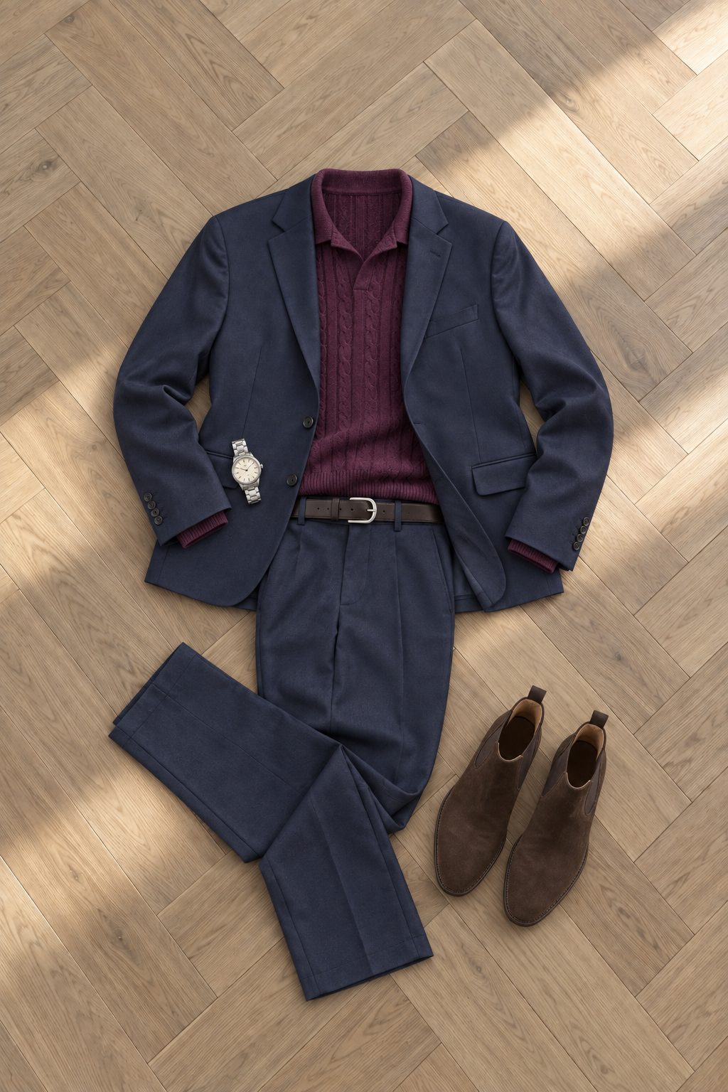 Marineblå dress, plommefarget strikket polo og brune chelsea boots i semsket skinn (AI-generert)