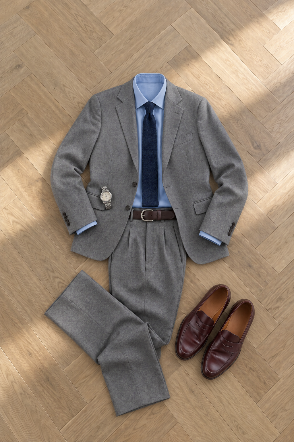 Dress: mellomgrå dress, lyseblå skjorte, marineblått strikket slips og burgunder loafers (AI-generert)