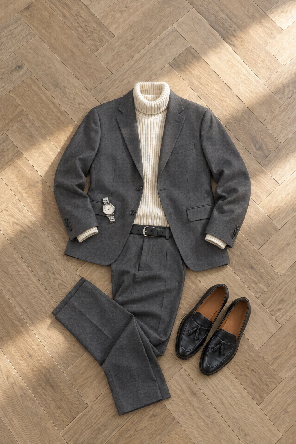 Moderne: koksgrå dress, krem rullekrage og sorte loafers (AI-generert)