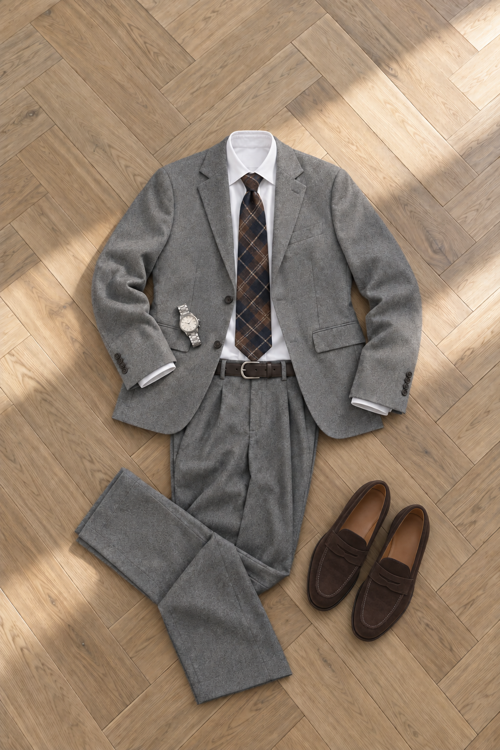 Rolig: mellomgrå dress, hvit skjorte, rutete slips i ull og brune loafers i semsket skinn (AI-generert)