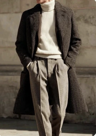 Inspiration photo: herringbone coat, cream turtleneck and wool trousers